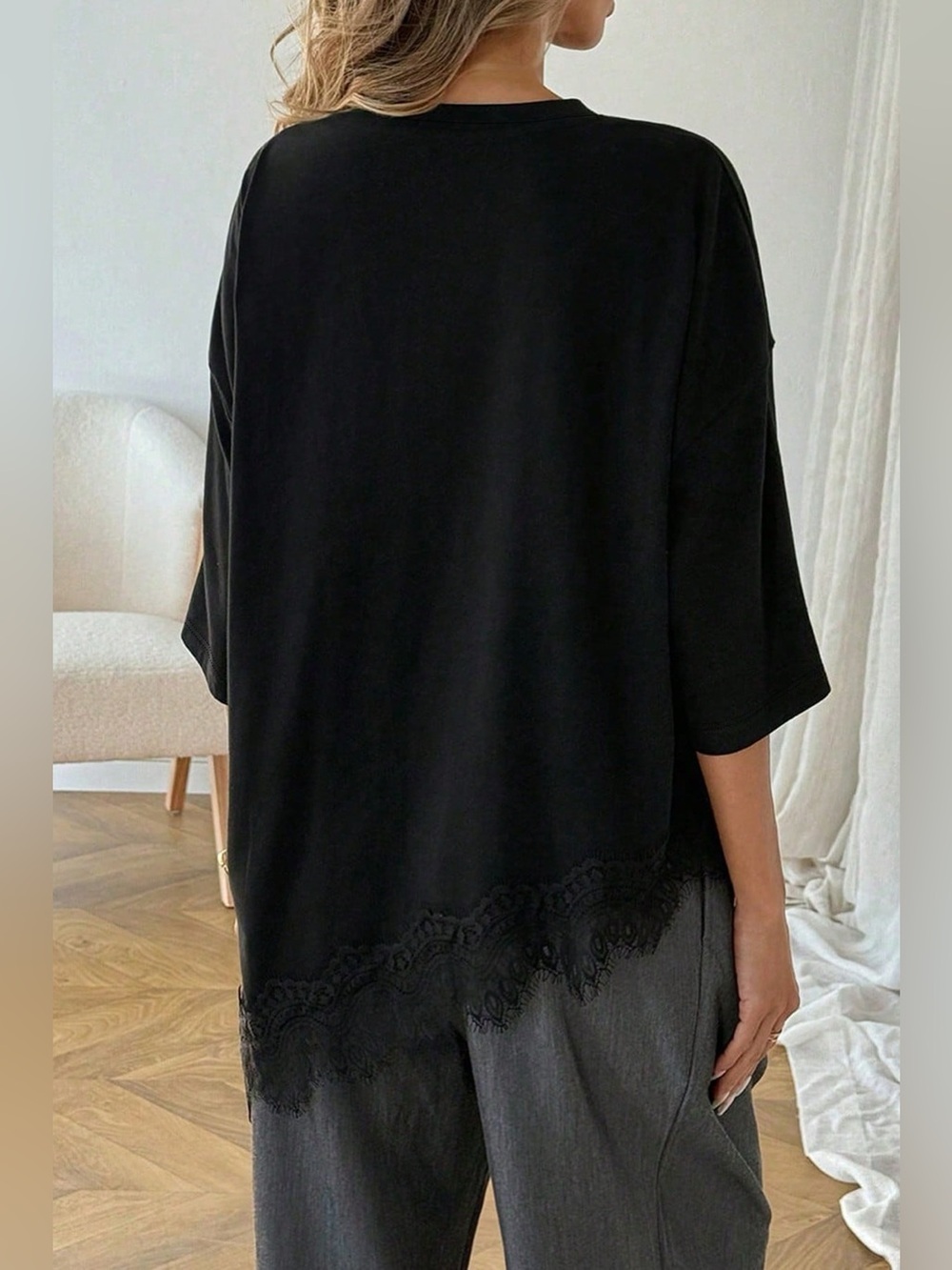 Lace Asymmetrical Hem Round Neck T-Shirt - Picture 5 of 6